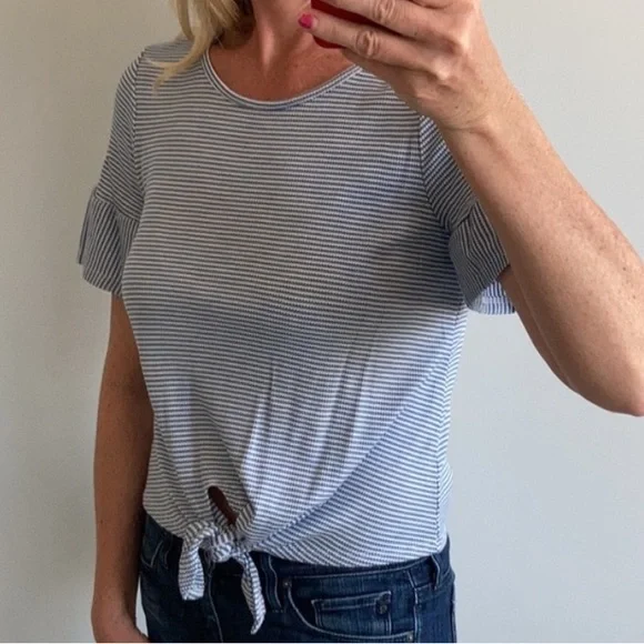 Blue & White Stripe Ruffle Sleeve Top - Picture 4 of 10
